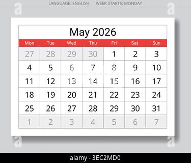 calendrier de mai 2026. Page papier mensuelle anglaise avec ombre sur fond gris. Disposition vectorielle avec début lundi Illustration de Vecteur