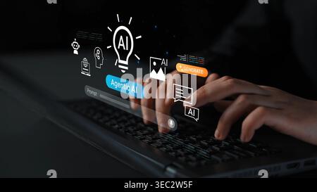 Mains tapant sur ordinateur portable avec des icônes ai, interface numérique montrant une technologie innovante et des solutions intelligentes dans un environnement sombre gluon. Banque D'Images