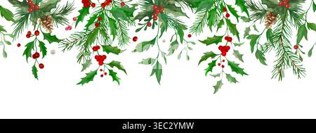 Bordure aquarelle de Noël sans couture avec houx, branches de pin, baies rouges. Motif joyeux Noël dessiné à la main. illustration. Vecteur EPS. Illustration de Vecteur