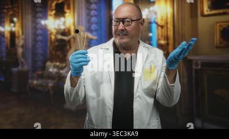Homme dentiste pointe le doigt sur le miroir dentaire portant des gants bleus et blouse de laboratoire blanche dans un bâtiment orné ; confiance expertise. Banque D'Images