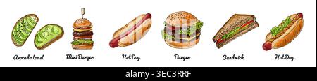 Ensemble de restauration rapide vectoriel dessiné à la main Burger, Hot Dog, Sandwich, pain grillé avocat Illustration de Vecteur