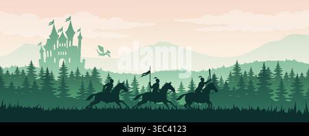 Cavaliers fantastiques et château. Illustration vectorielle Illustration de Vecteur