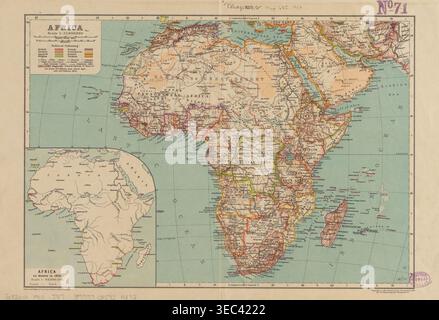 Carte historique de l'Afrique montrant les frontières politiques détaillées, les territoires coloniaux et les caractéristiques géographiques à travers le continent, avec une carte en encart illustrant l'Afrique connue en 1850, dessinée et gravée par Justus Perthes et publiée par Encyclopaedia Britannica en 1910. Banque D'Images