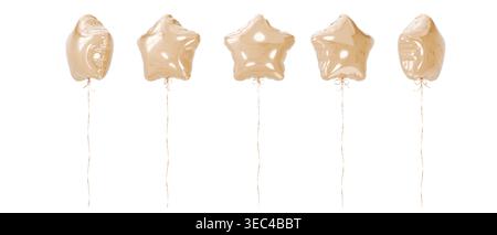 Ballons d'étoile brillants dorés avec des rubans brillants dorés sur fond isolé. Ballon en étoile présenté dans différents angles de rotation. rendu 3d. Banque D'Images