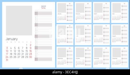 modèle de calendrier 2027 et lignes de date compactes. Concept de planificateur annuel 2027 propre pour l'organisation du bureau, la présentation des horaires et l'utilisation de l'impression. 12 mois Illustration de Vecteur