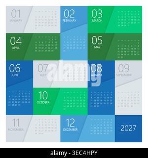 modèle de calendrier 2027 et lignes de date compactes. Concept de planificateur annuel 2027 propre pour l'organisation du bureau, la présentation des horaires et l'utilisation de l'impression. 12 mois Illustration de Vecteur
