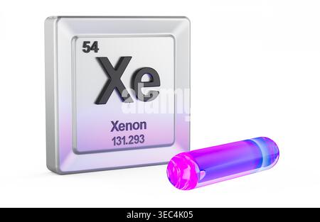 Tableau périodique de tuile d'élément xénon avec xénon dans le tube incandescent, rendu 3d isolé sur fond blanc Banque D'Images