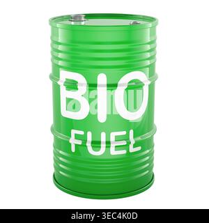 Baril de biocarburant, tambour en métal vert. Concept d'énergie renouvelable et de carburant durable, rendu 3d isolé sur fond blanc Banque D'Images