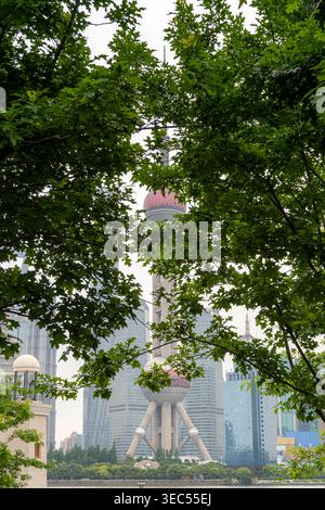 5 mai 2025, Shanghai, Chine : tour de perles orientales derrière les arbres à Shanghai Banque D'Images