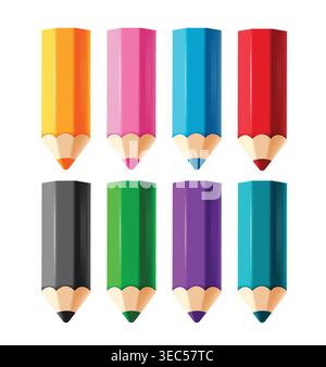 Crayon de couleur fournitures scolaires clipart set. Retour à l'école crayons de couleur clip art outils de dessin créatif conception plate pour les enfants éducation fournitures artistiques Illustration de Vecteur