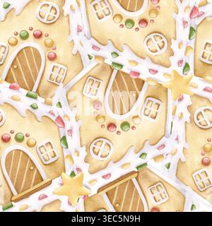Biscuit maison en pain d'épices avec des bonbons et des étoiles aquarelle motif sans couture. Dessert glacé traditionnel des fêtes dessiné à la main en beige pastel et blanc Banque D'Images