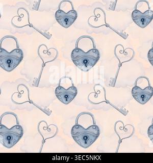 Aquarelle valentine modèle sans couture avec des clés vintage et des serrures de coeur sur les nuages, dessin romantique dessiné à la main pour le textile, le papier. Banque D'Images