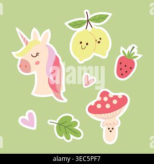 Pack autocollant Kawaii avec licorne mignonne et citrons Illustration de Vecteur
