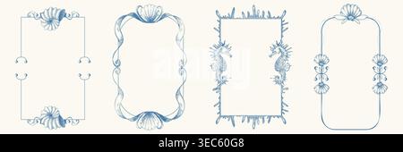 Cadres marins vintage avec doodles dessinés à la main. Bordure décorative bleue ornée de coquillages, motifs hippocampe et éléments marins en ligne fantaisiste pour invitation de mariage à la plage, carte d'anniversaire d'été Illustration de Vecteur