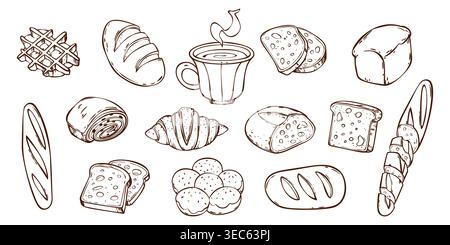 Esquissez des icônes de doodle de boulangerie isolées sur fond blanc. Illustrations vectorielles de baguette fraîche, tasse à café, brioche, croissant et gaufre, éléments de conception fantaisistes dessinés à la main pour le menu du petit déjeuner Illustration de Vecteur