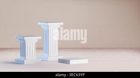 Blanc marbre coumn podiums fond vectoriel réaliste. Anciens piliers romains ou grecs, trois stands carrés ou socles de musée, présentation de produits ou exposition près d'un mur de pierre beige Illustration de Vecteur
