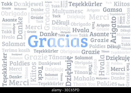 Mot Gracias signifiant merci en langue espagnole. Merci en plusieurs langues. Collage de mots de remerciement de langue internationale différente. Illustration de Vecteur