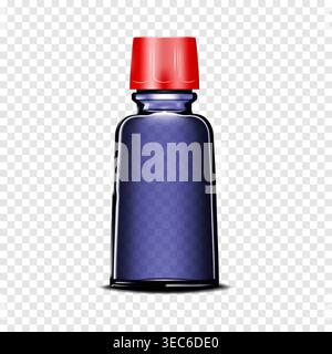 Bouteille vierge en verre bleu foncé transparent avec bouchon à vis rouge sur fond transparent. Emballage pour produit cosmétique ou médical Illustration de Vecteur