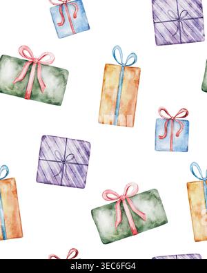 Modèle sans couture de boîte-cadeau avec arc. Aquarelle illustration dessinée à la main. Surprise de célébration pour Noël ou fête d'anniversaire papier d'emballage Banque D'Images