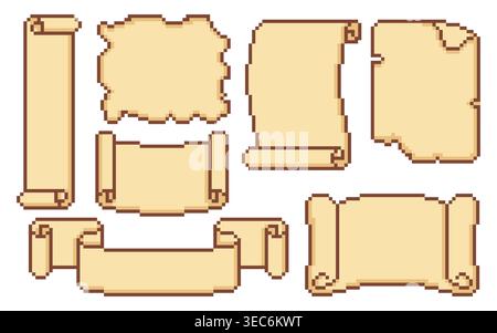 Rouleaux de jeu d'art pixel, cadres de texture de parchemin vintage et bordures décoratives, vecteur de dessin animé isolé sur blanc. Modèles de cartes au trésor, bannières médiévales ou éléments de conception d'interface utilisateur de jeux vidéo rétro Illustration de Vecteur