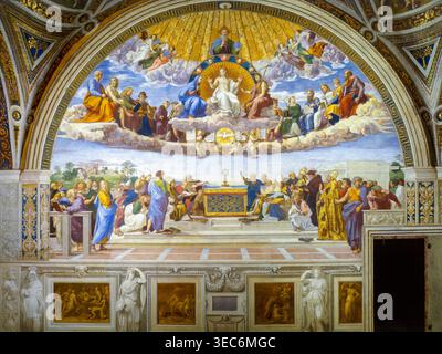 Raffaello Sanzio da Urbino appelé Raphaël, Disputation of Holy Sacrement, peinture de fresque, 1509 Banque D'Images