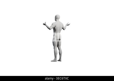 Un mannequin se tient en toute confiance dans un studio blanc, faisant des gestes à bras ouverts, mettant en valeur une vue de trois quarts classique. Banque D'Images