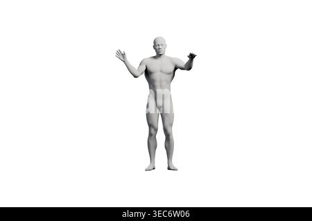 Un mannequin se tient en toute confiance dans un studio blanc, faisant des gestes à bras ouverts, mettant en valeur une pose classique et intemporelle. Banque D'Images