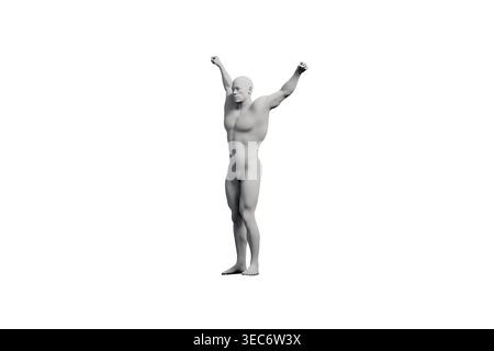 Un mannequin dans une posture de victoire puissante se tient confiant contre un fond blanc de studio, mettant en valeur une humeur forte et déterminée. Banque D'Images
