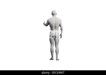 Un mannequin se tient en toute confiance dans un studio blanc, faisant des gestes d'une seule main, mettant en valeur une posture ferme et affirmée. Banque D'Images