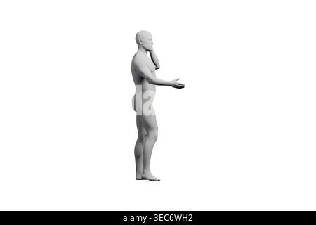 Un mannequin rendu en 3D se tient en toute confiance dans un studio blanc, faisant des gestes d'une main tandis que l'autre est soulevée, créant une pose dynamique et engageante. Banque D'Images