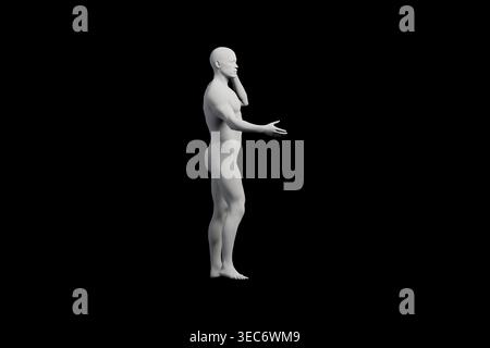Un mannequin rendu en 3D se tient en toute confiance dans un studio noir, faisant des gestes d'une main tandis que l'autre est soulevée, créant une pose dynamique et engageante. Banque D'Images