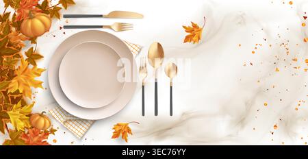 Vue de dessus de la table de dîner de Thanksgiving, fond vectoriel réaliste. Table blanche, assiettes vides et couverts dorés. Décorations de vacances avec feuilles d'automne, citrouilles et confettis Illustration de Vecteur