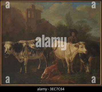 Berger avec un troupeau, Karel Dujardin 1626-1678, 1657. Peinture à l'huile sur panneau, 39,8 × 46,5 cm. Représente des bergers avec des mules, des vaches et des chiens près des ruines dans un paysage hollandais., Une scène extérieure peinte montrant un groupe d'animaux et une personne au milieu de la végétation et des ruines lointaines ; une vache mouchetée noir et blanc se tient à gauche près de l'eau sombre, une vache de couleur claire avec de subtiles marques brunes fait face aux oreilles juste près du centre, et un animal brun long abaisse sa tête à droite. Un petit chien brun rougeâtre et blanc boit de l'eau au premier plan. Derrière les animaux un personnage portant un Banque D'Images