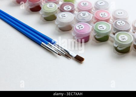 Fournitures d'art, y compris des récipients de peinture et trois pinceaux disposés soigneusement sur une surface blanche. Différentes couleurs sont visibles dans les petits conteneurs Banque D'Images