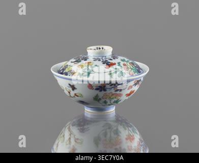 Bol avec couvercle, chinois, dynastie Qing, période Qianlong 1736–1795. Récipient en porcelaine colorée, hauteur 7,5 cm, diamètre 11,7 cm, poids 0,2 kg. Décoration : dans un jardin avec des rochers, arbres, pivoines, magnolias, chrysanthèmes, deux faisans et un papillon. Signé., Un petit bol en porcelaine à couvercle repose sur une surface réfléchissante, montrant un dessous en miroir ; le bol est principalement blanc avec des motifs floraux peints à la main dans des couleurs telles que vert, rouge, rose, orange, jaune, bleu, et violet, avec de fines lignes et accents bleus ; le couvercle a un bouton surélevé et une décoration florale assortie, et le Banque D'Images