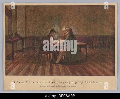 Reproduction d'un dessin : Bilińska-Bohdanowicz, Anna 1854/1857-1893, Adam Mickiewicz et Prince Gagaryn à une partie d'échecs basée sur un dessin de Maria Szymanowska ; peinture, reproduction, peinture polonaise, scène de genre de joueurs d'échecs dans un intérieur, comprend Adam Mickiewicz 1798-1855 iconographie, Stefan Kulikowski 1871-1943, pipes, jeu d'échecs, 1895, illustration de presse., Une scène intérieure faiblement éclairée montre un plancher en bois avec de larges planches dans les tons bruns et bruns s'étendant vers l'arrière où un long mur dans des tons bruns et verts sourds s'élève. Près du centre, une table avec une surface sombre tient un petit Banque D'Images