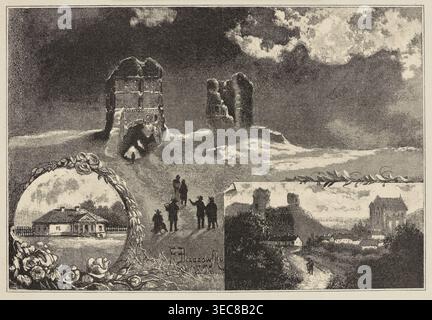 Feliks Brzozowski 1836-1892, nid familial d'Adam Mickiewicz. Zaosie — Nowogródek. Reproduction d'un dessin ; illustration ; peinture ; peinture polonaise ; après 1894. Objet : manoir de Zaosie Belarus, vues de villes, ruines du château de Nowogródek Belarus ; Mickiewicz, Adam 1798–1855 et famille Mickiewicz., L'image montre une scène monochrome avec des nuances sombres et claires de beige et de gris ; dans la partie supérieure, il y a deux grandes tours de pierre en ruine se dressant sur une colline balayée par le vent sous un ciel nuageux, et un petit groupe de silhouettes marchant vers eux à travers la crête ; la partie inférieure gauche contient un ovale Banque D'Images