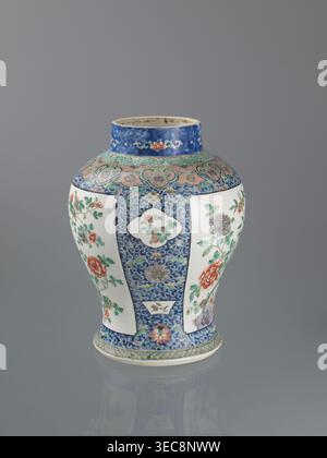 Vase, art chinois, chinois, Qing (1644-1911), lotus, pivoines, chrysanthèmes, pruniers, oiseaux, fleurs, paons, début du XXe siècle, Chine, récipient décoratif, hauteur 35,5 cm, diamètre 13,0 cm (bec), Un vase arrondi en céramique avec un col étroit debout sur une surface réfléchissante, décoré de panneaux peints ornés et de motifs floraux ; le fond est gris lisse. Le vase montre un bleu profond dominant dans des bandes à motifs autour du cou et de la base, des accents turquoise et sarcelle dans les bordures décoratives, et des panneaux blancs contrastant avec le bleu. Fleurs peintes dans les tons de rouge, rose, orange, vert, Banque D'Images