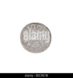 Denarius (type princier) de Bolesław II le Téméraire (roi de Pologne ; 1058-1079). Type princier avec des chevaux, des lances, des boucliers. Avers : tête vers la gauche, inscription autour du bord. Revers : cavalier avec lance et bouclier à gauche, croiser derrière le cavalier, deux points sous le cheval. Date : 1058-1076. Origine : Pologne, Kraków. Pièce de monnaie ; poids 0,60 g ; axe 315°., Une pièce de monnaie ronde et usée avec une surface rugueuse et texturée montrant des motifs en relief et en retrait ; la pièce apparaît principalement grise avec des variations de gris plus claires et plus foncées, avec quelques reflets blancs cassés et de faibles taches brunâtres ; le dessin comprend un Banque D'Images