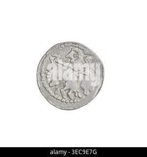 Denarius (type princier), Bolesław II le Téméraire (roi de Pologne ; 1058-1079). Type princier avec boucliers, chevaux, têtes. Avers : tête vers la gauche, inscription autour du bord. Revers : cavalier avec lance et bouclier à gauche, derrière le cavalier une croix, sous le cheval deux points. Daté de 1058-1076. Pologne, Kraków. Pièce de monnaie, poids 0,54 g., Un objet métallique circulaire avec une surface usée et texturée dans les tons de gris et d'argent, montrant un relief surélevé d'une figure humaine chevauchant un animal ; la figure semble tenir un objet allongé et la figure et l'animal sont entourés d'une bordure perlée et Banque D'Images