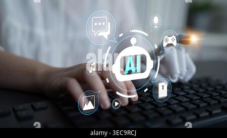 Mains tapant sur le clavier avec des icônes ai représentant la technologie, les chatbots, les jeux, la musique, et plus dans un environnement d'espace de travail moderne Quark. Banque D'Images