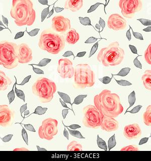 Motif aquarelle sans couture avec roses pêche, feuilles grises. Fond de répétition florale pour textile et papier. Vecteur EPS. Illustration de Vecteur