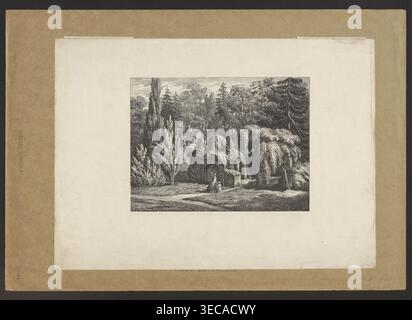 Jardin botanique de Varsovie. Chapelle à l'emplacement de la pierre angulaire pour la construction du Temple de la Divine Providence, graphiste, 1861 (datant plus tôt de 1840), graphique, hauteur 16,7 cm, largeur 22,3 cm., Un montage rectangulaire de teinte sépia entoure une feuille blanche centrale avec une scène de paysage gravée en noir et blanc détaillée. La scène gravée montre un groupe d'arcades en pierre partiellement couvertes par un feuillage dense et une croissance semblable à la vigne, avec quelques arbres à proximité, y compris des arbres hauts et minces et des arbres plus pleurants avec des branches tombantes. Devant les arches une personne en vêtements d'époque se tient près Banque D'Images