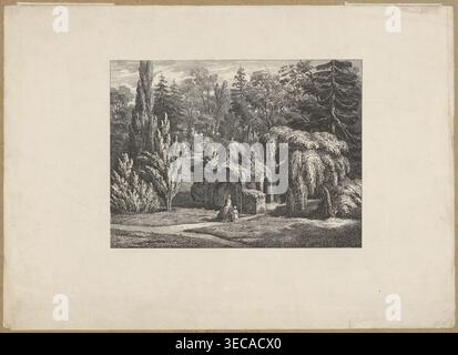 Jardin botanique de Varsovie. Chapelle à l'emplacement de la pierre angulaire pour la construction du Temple de la Divine Providence, artiste graphique. Temple, jardin botanique (Varsovie), 1861 (datant de 1840), graphique, hauteur 16,7 cm, largeur 22,3 cm, Une scène gravée en noir et blanc représente une petite structure en pierre avec des arcades arrondies partiellement couvertes de végétation, située dans un paysage d'arbres et d'arbustes denses ; une femme et un enfant se tiennent près de l'entrée. Autour de la structure se trouvent un groupe de grands arbres élancés, quelques arbres buissonneux avec des branches tombantes et un terrain herbeux texturé avec un sinus Banque D'Images