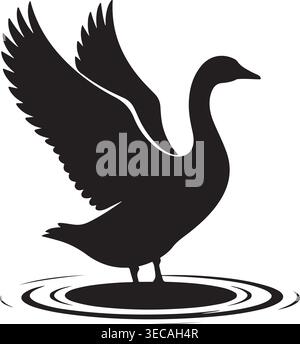Silhouette noire frappante d'une oie élégante ou d'un cygne déployant ses ailes majestueuses tout en se tenant gracieusement debout dans l'eau calme, créant de douces ondulations. Illustration de Vecteur
