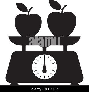 Illustration de silhouette noire représentant deux pommes fraîches équilibrées sur une balance mécanique traditionnelle, symbolisant une alimentation saine, la nutrition. Illustration de Vecteur