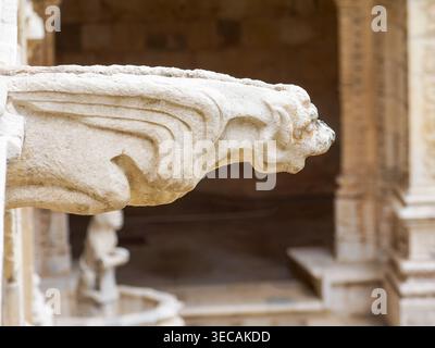 Gros plan d'un détail de gargouille en pierre sculptée dans le cloître du monastère de Jerónimos à Lisbonne, Portugal. Banque D'Images