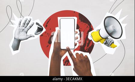 Collage créatif montrant des mains, un mégaphone et un smartphone avec un fond rouge Banque D'Images
