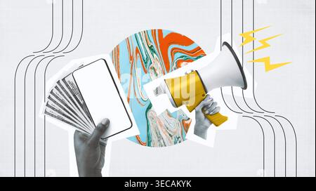 Collage créatif montrant des outils de communication et des éléments financiers dans un cadre de conception coloré Banque D'Images