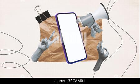 Collage créatif montrant des mains, un smartphone et un mégaphone sur fond papier Banque D'Images